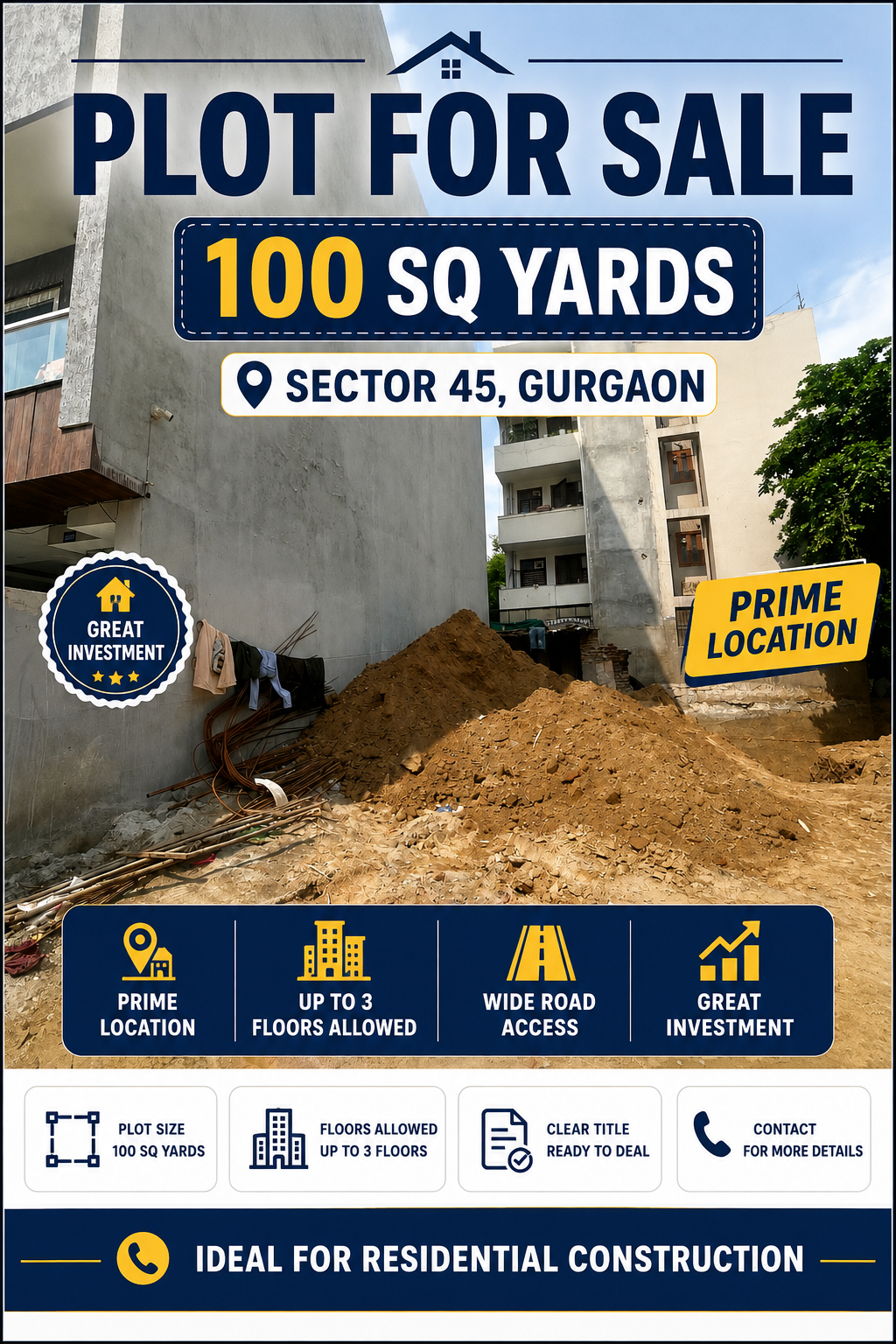 🏡100 Sq yards Plot For Sale In Sector 45 Gurgaon📍