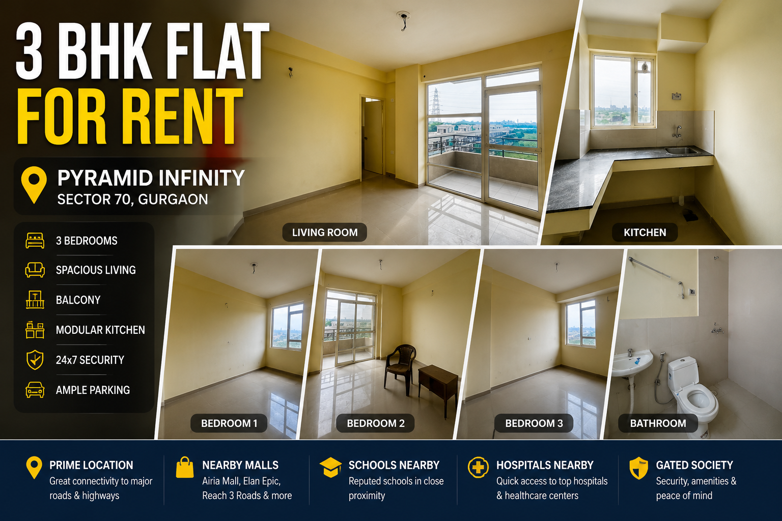 🏡3 BHK Flat for Rent | Pyramid Infinity, Sector 70 Gurgaon📍|
